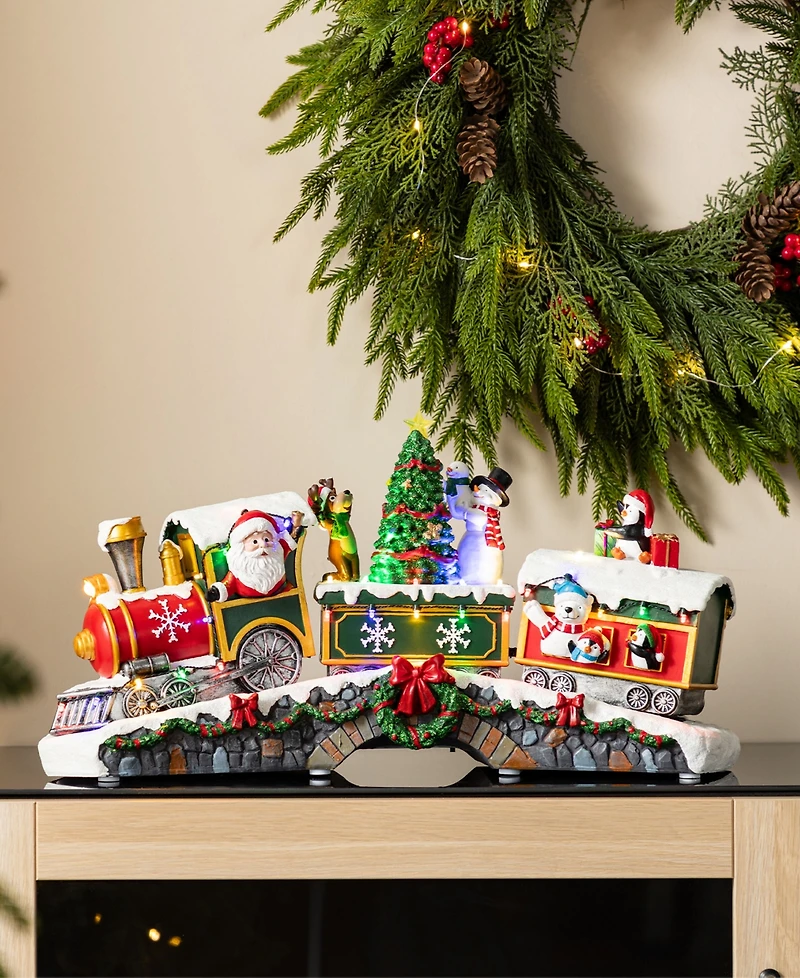 Glitzhome 20" Lighted Resin Christmas Santa Train Village