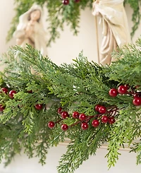 Glitzhome 6 ft Polyethylene Christmas Dripping Cedar Garlands with Berries, Set of 2