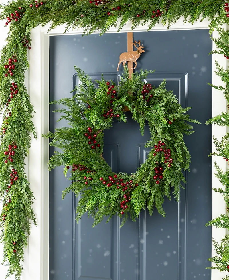 Glitzhome 24" Polyethylene Christmas Dripping Cedar Wreath with Berries