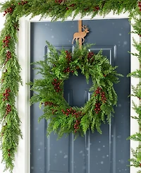 Glitzhome 24" Polyethylene Christmas Dripping Cedar Wreath with Berries