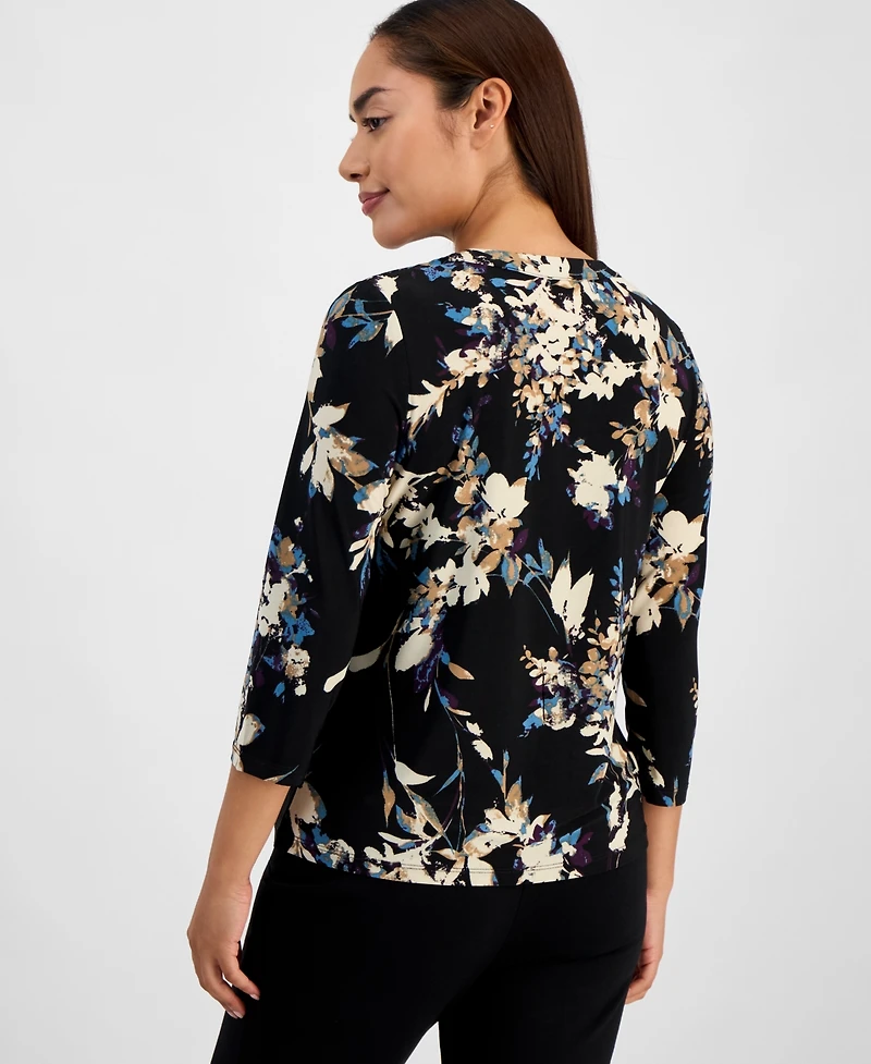 Ak Anne Klein Petite Henley-Neck Floral-Print Top