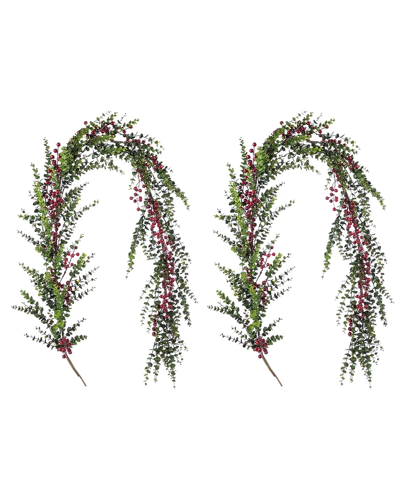 Glitzhome 6 ft Polyethylene Christmas Dripping Eucalyptus Garlands with Berries, Set of 2