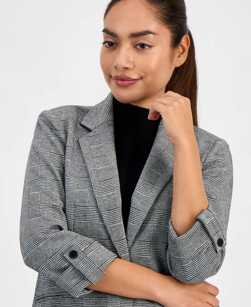 Ak Anne Klein Women's Plaid Jacquard Notch-Collar 3/4-Sleeve Jacket