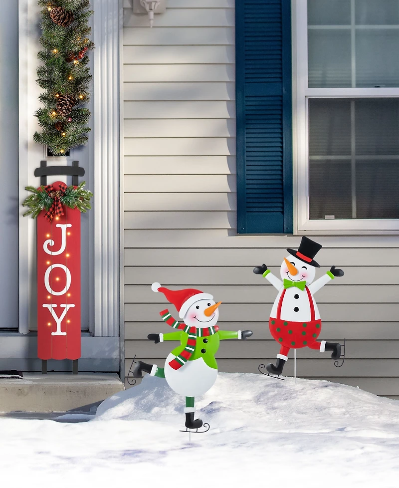Glitzhome Metal Christmas Skiing Snowmen Yard Stakes, Set of 2