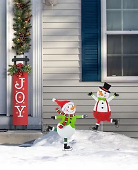 Glitzhome Metal Christmas Skiing Snowmen Yard Stakes, Set of 2