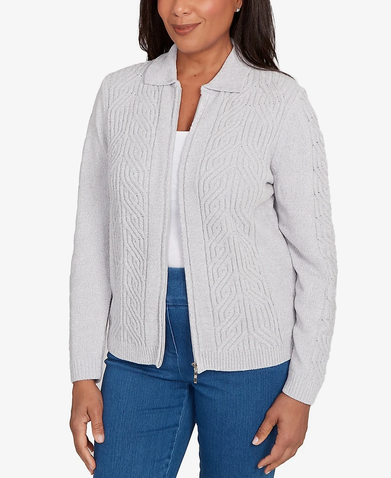 Alfred Dunner Petite Front Zip Chenille Cardigan