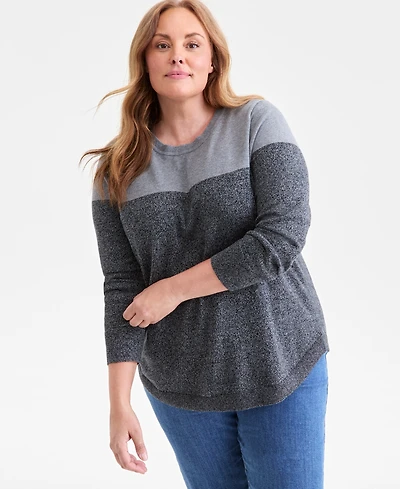Style & Co Plus Cotton Color-Block Crewneck Sweater, Macy's Exclusive