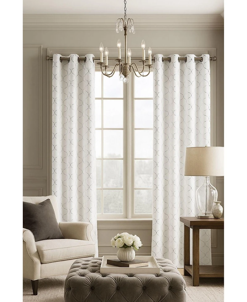 Kate Aurora 2 Pack Metallic Silver & White Lattice Clover Ultra Luxurious Window Curtains - 38 in. W x in. L