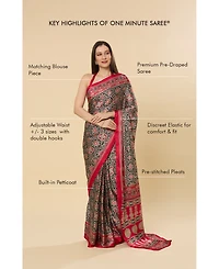 One Minute Saree Women's Zoya Ajrakh Red Ready to Wear Satin Printed One Minute Saree