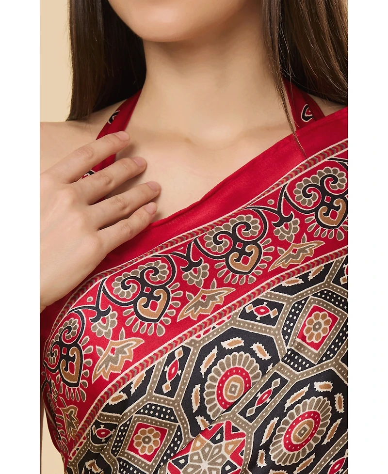 One Minute Saree Women's Zoya Ajrakh Red Ready to Wear Satin Printed One Minute Saree