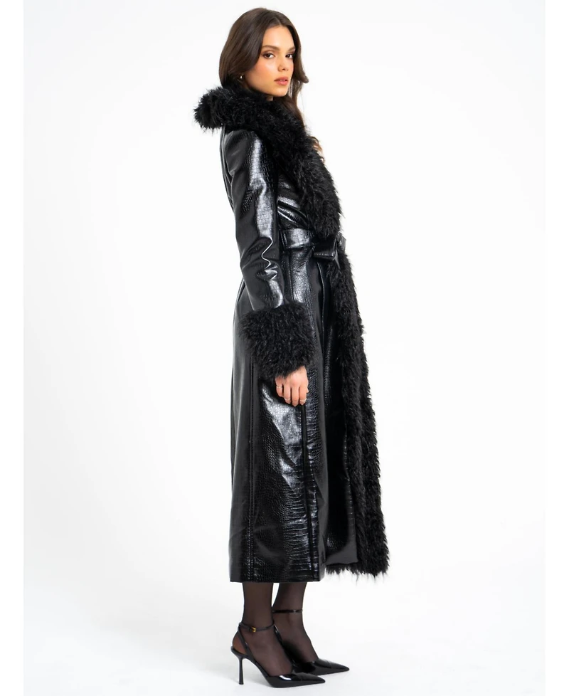 Miss Circle Women's Zella Black Fur Trim Faux Croc Leather Coat