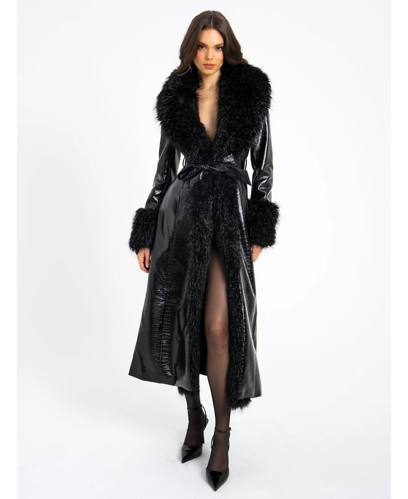 Miss Circle Women's Zella Black Fur Trim Faux Croc Leather Coat