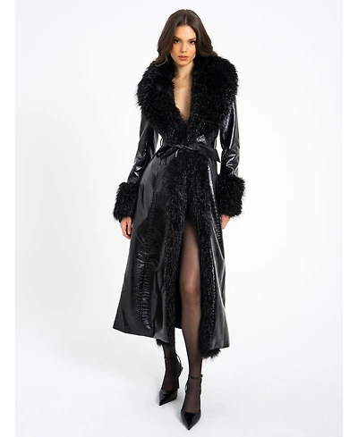 Miss Circle Women's Zella Black Fur Trim Faux Croc Leather Coat