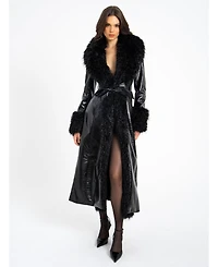 Miss Circle Women's Zella Black Fur Trim Faux Croc Leather Coat