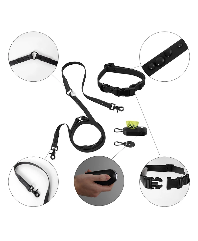 The Licker Store, Luna 8FT Adjustable 6-in-1 Waterproof Hands-Free Leash and Collar with Led Flashlight, Bag Dispenser