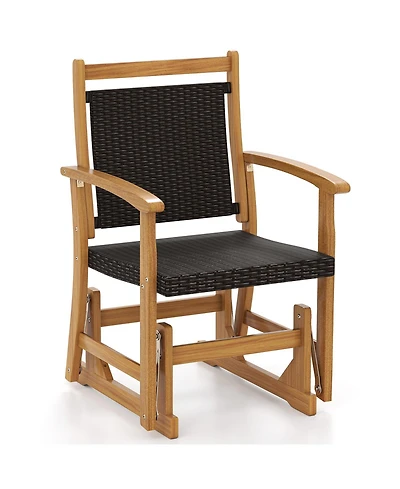 Gymax Patio Rattan Glider Chair with Acacia Wood Frame and Wicker Seat Back Armrests