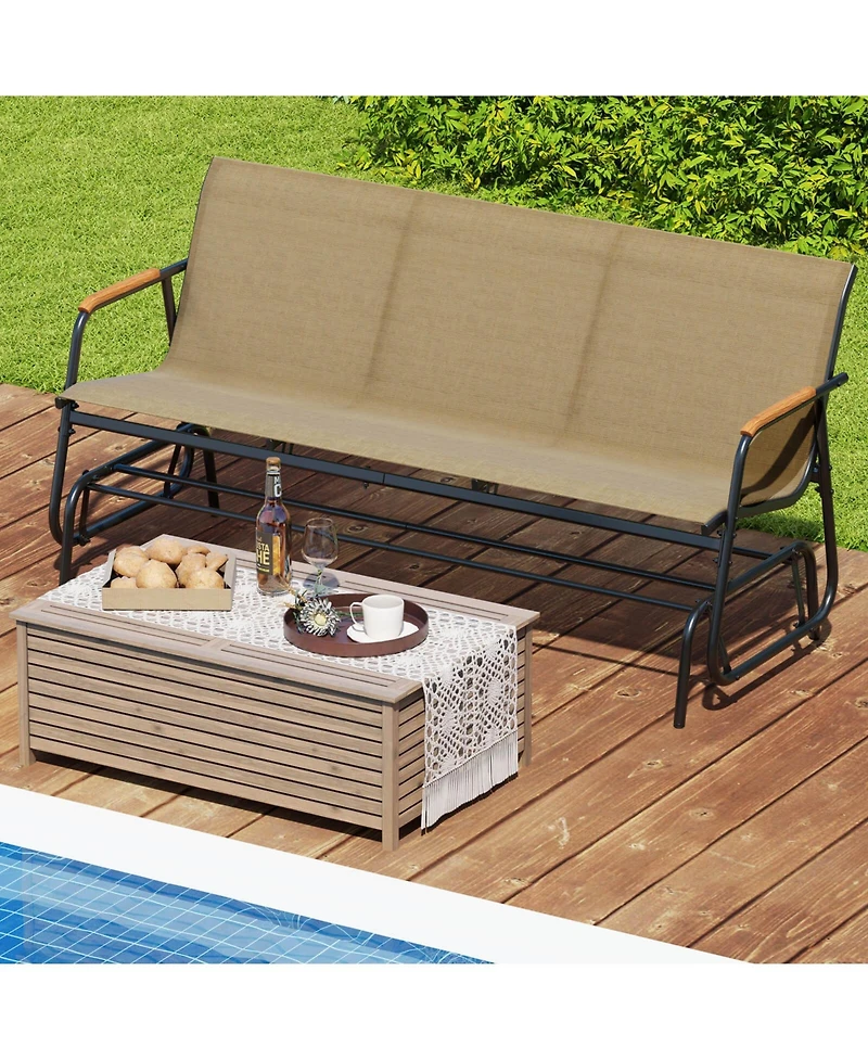 Costway Patio Glider Bench for 3 Swing Gliding Loveseat with Curved Teak Armrests for Porch