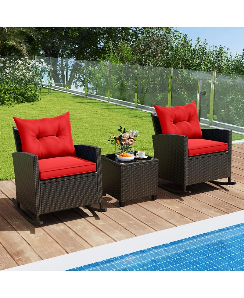 Slickblue Weather-Resistant 3-Piece Patio Rocking Chair Set with Cushions and Tempered Glass Table – Ideal for Outdoor Lounging