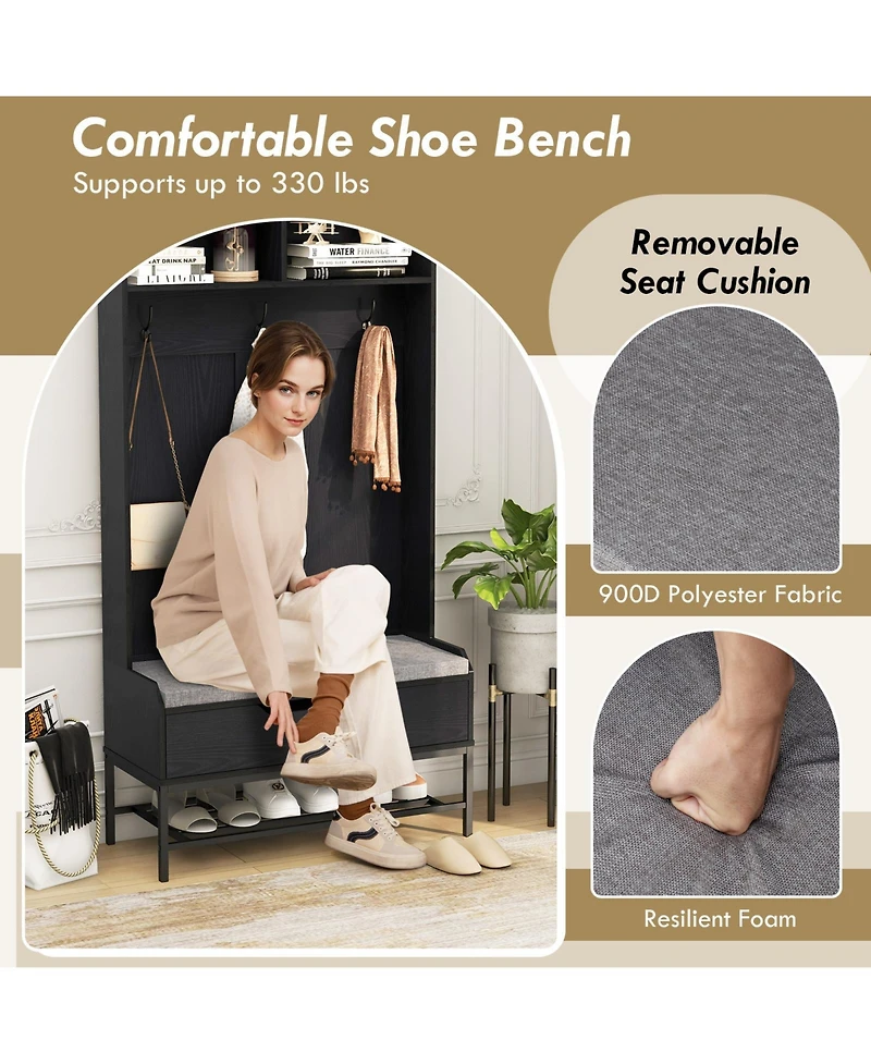 Slickblue Tall Coat Rack Hall Tree with Padded Seat and Shoe Storage – All-in-One Entryway Organizer