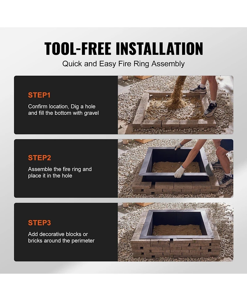 Slickblue Square Steel Fire Pit Ring Liner – Heavy-Duty Outer Liner for Diy Campfire and Backyard Fire Pits