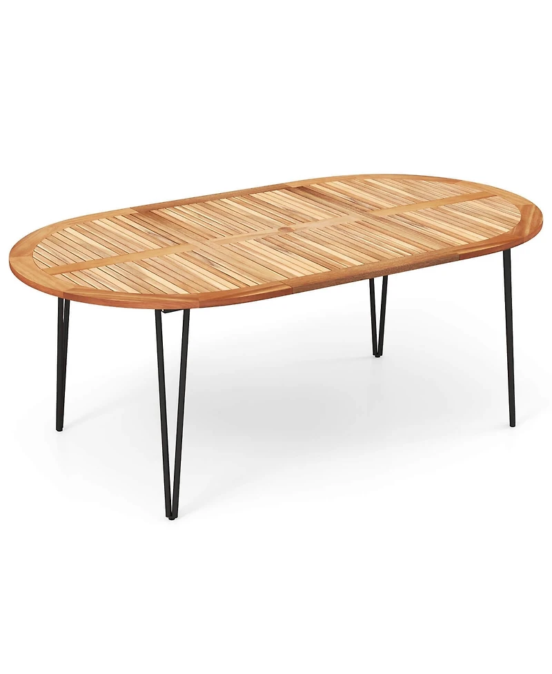 Gymax 79'' Patio Dining Table w/ Umbrella Hole Acacia Wood Tabletop & Sturdy Metal Legs