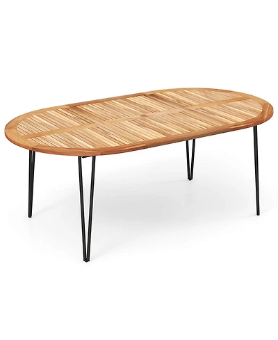 Gymax 79'' Patio Dining Table w/ Umbrella Hole Acacia Wood Tabletop & Sturdy Metal Legs
