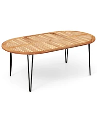 Gymax 79'' Patio Dining Table w/ Umbrella Hole Acacia Wood Tabletop & Sturdy Metal Legs