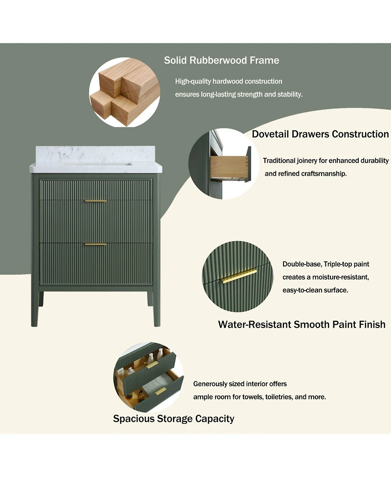 Casainc Fully Assembled 30" Freestanding Single Sink Bathroom Vanity with 2 Handle Sets and Engineered Marble Top