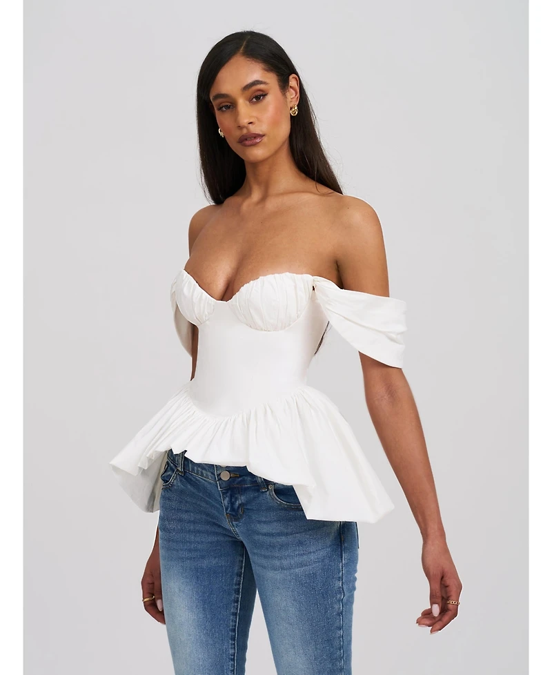 Miss Circle Women Qistina White Off-shoulder Bubble Hem Peplum Cotton Top