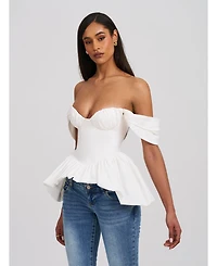 Miss Circle Women Qistina White Off-shoulder Bubble Hem Peplum Cotton Top