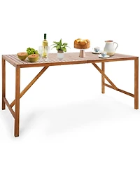 Gymax Rectangle Acacia Wood Dining Table Spacious Slatted Top Up to 6 Patio