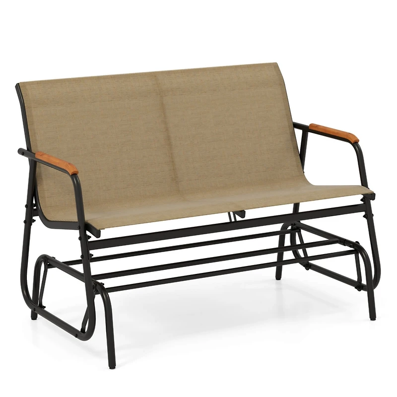Costway Patio Glider Bench for Swing Gliding Loveseat with Curved Teak Armrests for Porch