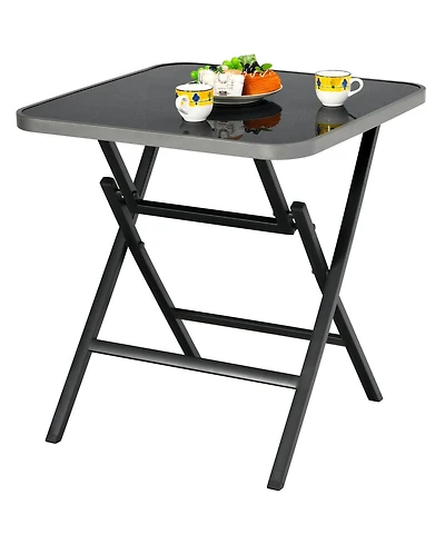 Gymax Patio Folding Square Dining Table Aluminum Frame Tempered Glass top
