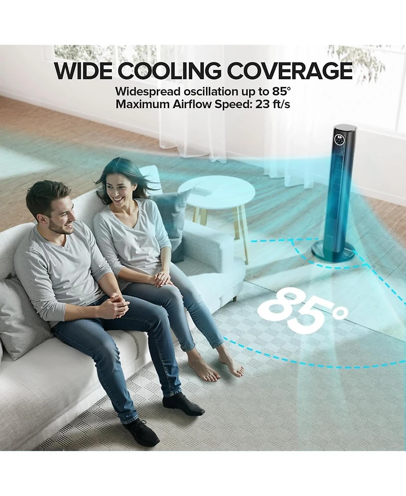 Zafro 36" Tower Fan for Bedroom, Bladeless Standing with 85° Oscillation, Quiet Cooling, Remote Control, 12H Timer, 3 Speeds, 4 Modes