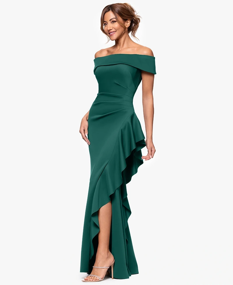 Xscape Women's Off-The-Shoulder Ruffled Side-Slit Gown