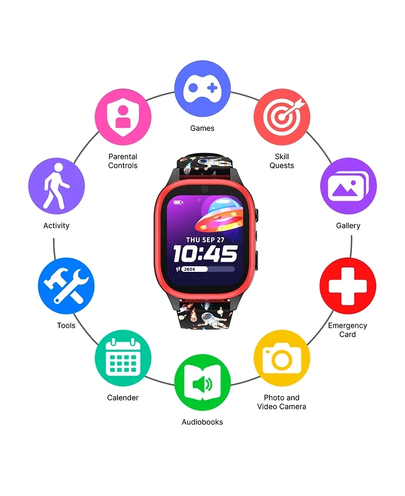 Playzoom 4 Kids Red and Black Print Leather Silicone Strap Smartwatch, 49mm