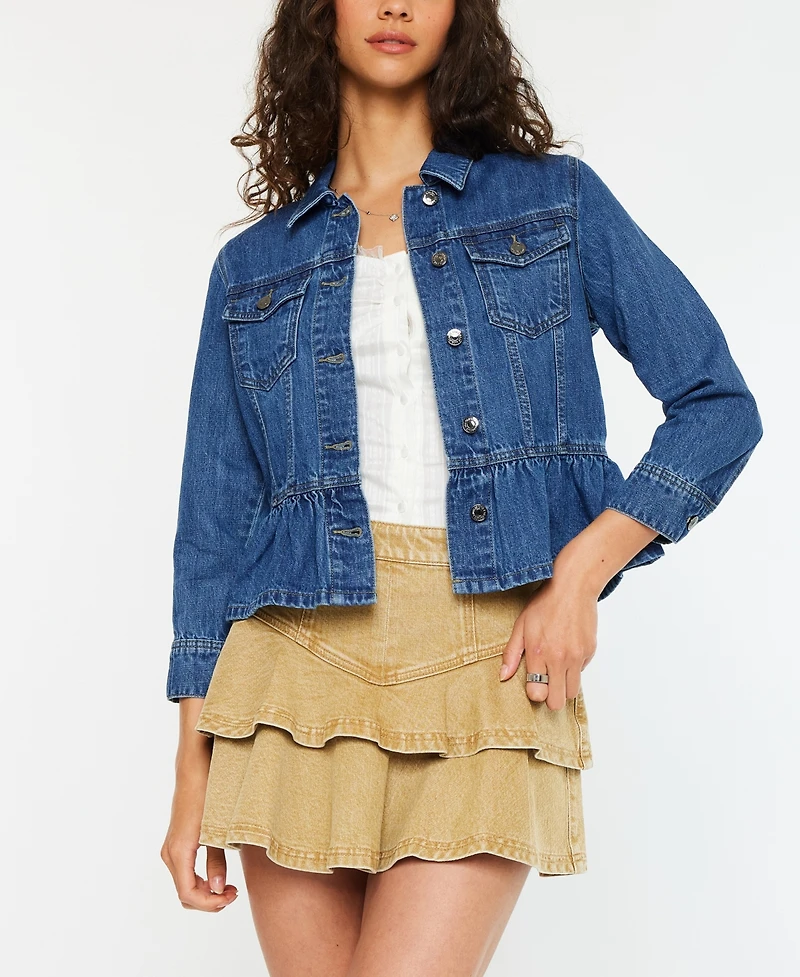 Kancan Women's Classic Fit Peplum Denim Collared Jacket