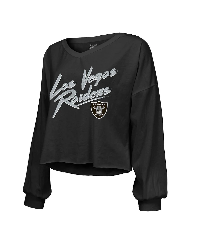 Majestic Women's Maxx Crosby Black Las Vegas Raiders Off-Shoulder Script Player Name Number Cropped Long Sleeve V-Neck T-Shirt