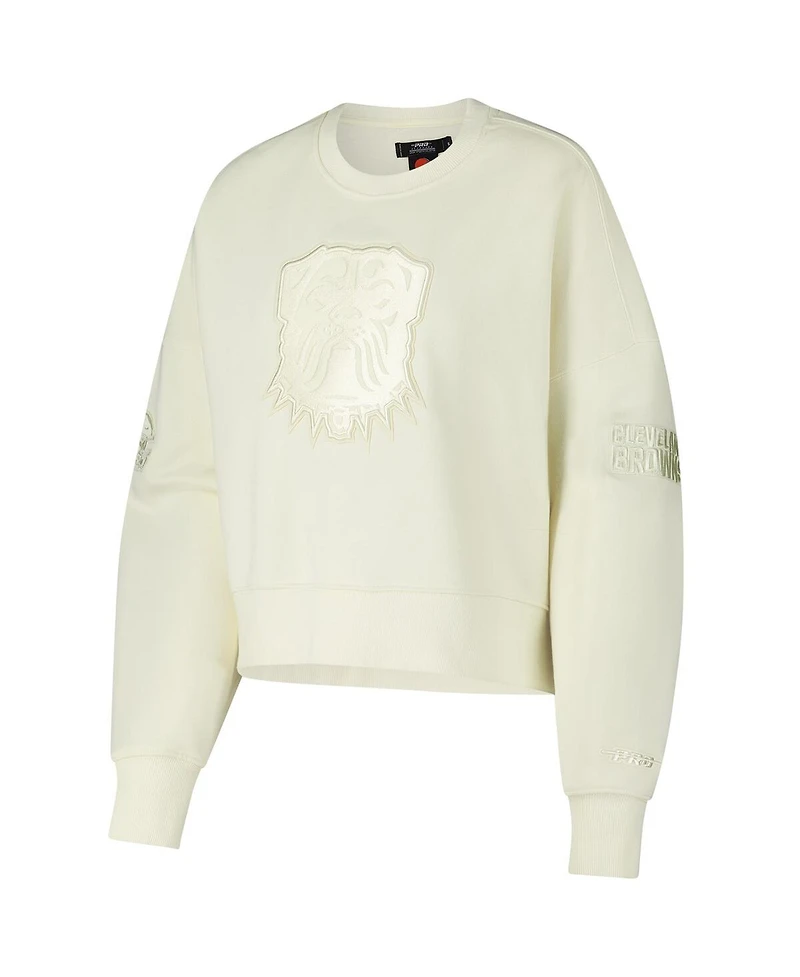 Pro Standard Women's Cream Cleveland Browns Triple Tonal Cropped Fleece Pullover Sweatshirt