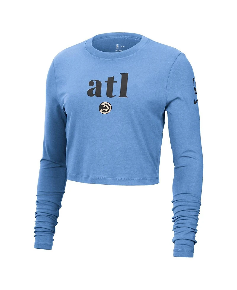 Nike Women's Light Blue Atlanta Hawks 2024/25 City Edition Essential Logo Slim Fit Long Sleeve Cropped T-Shirt