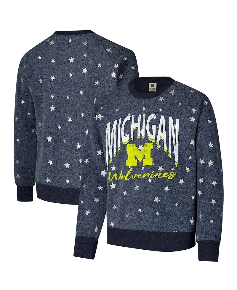 Wes & Willy Big Boys and Girls Navy Michigan Wolverines Shimmer Star Reverse Fleece Raglan Pullover Sweatshirt