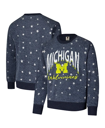 Wes & Willy Big Boys and Girls Navy Michigan Wolverines Shimmer Star Reverse Fleece Raglan Pullover Sweatshirt