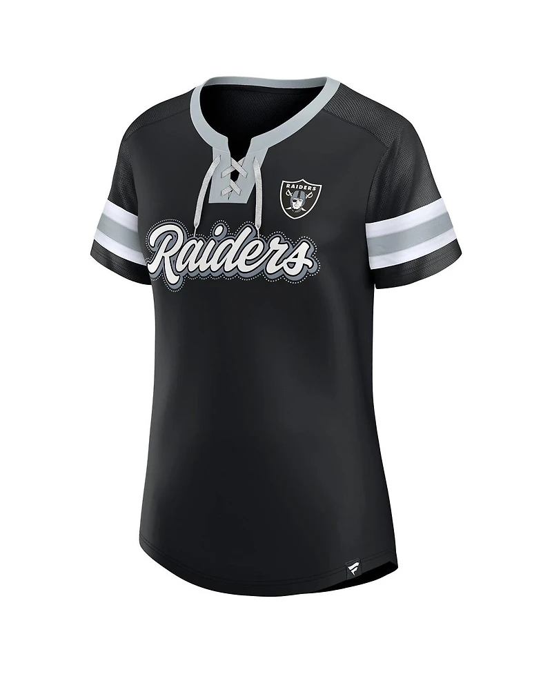 Fanatics Women's Black Las Vegas Raiders True Catch Iconic Rhinestone Bling Athena Lace-Up T-Shirt
