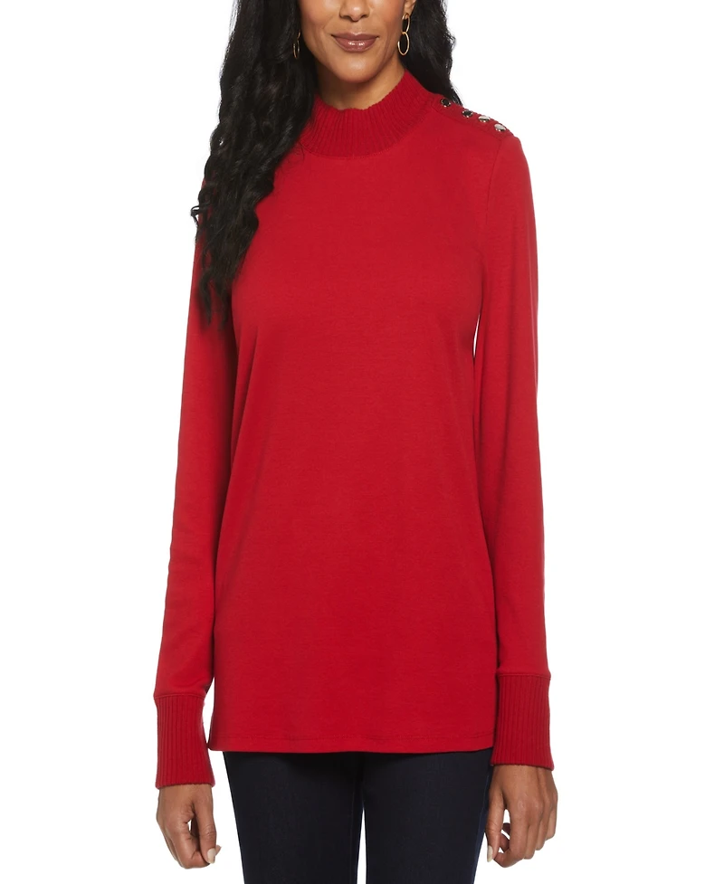Rafaella Petite Rivet Detail Mock Neck Long Sleeve Top