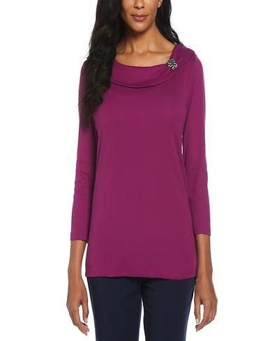 Rafaella Petite Ribbed Marilyn Neck 3/4 Sleeve Top with Decorative Brooch