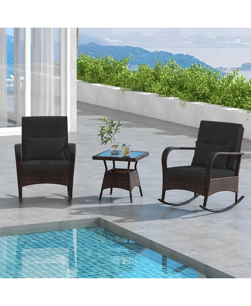Slickblue 3-Piece Pe Wicker Rocking Chair Patio Set with Tempered Glass Table – Ideal for Poolside, Backyard, or Porch