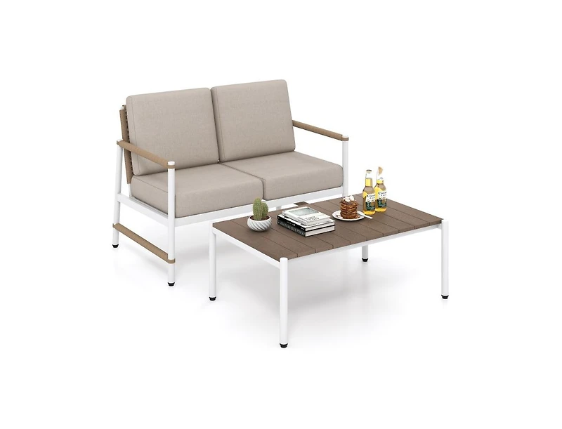 Slickblue Outdoor Loveseat Furniture Set with Thick Padded Cushions and Glass Coffee Table For Patio Relaxation