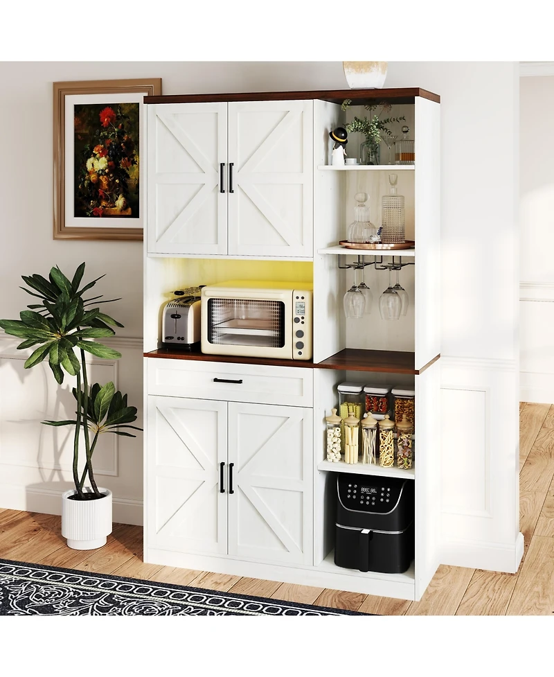 Casainc 71" Farmhouse Kitchen Pantry with Hutch, Microwave Stand, Drawer & Charging Station