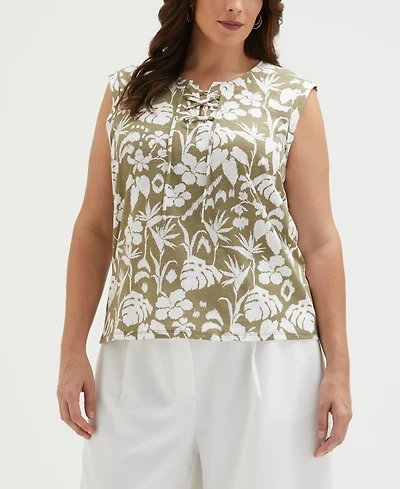 Ella Rafaella Plus Tropical Print Lace-Up Sleeveless Tank Top