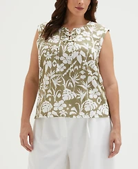 Ella Rafaella Plus Tropical Print Lace-Up Sleeveless Tank Top